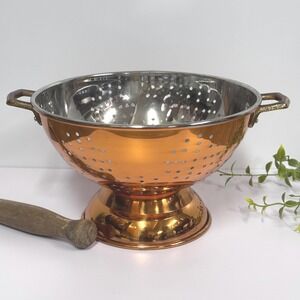 Vintage Copper Colander – Pedestal Base, Brass Handles